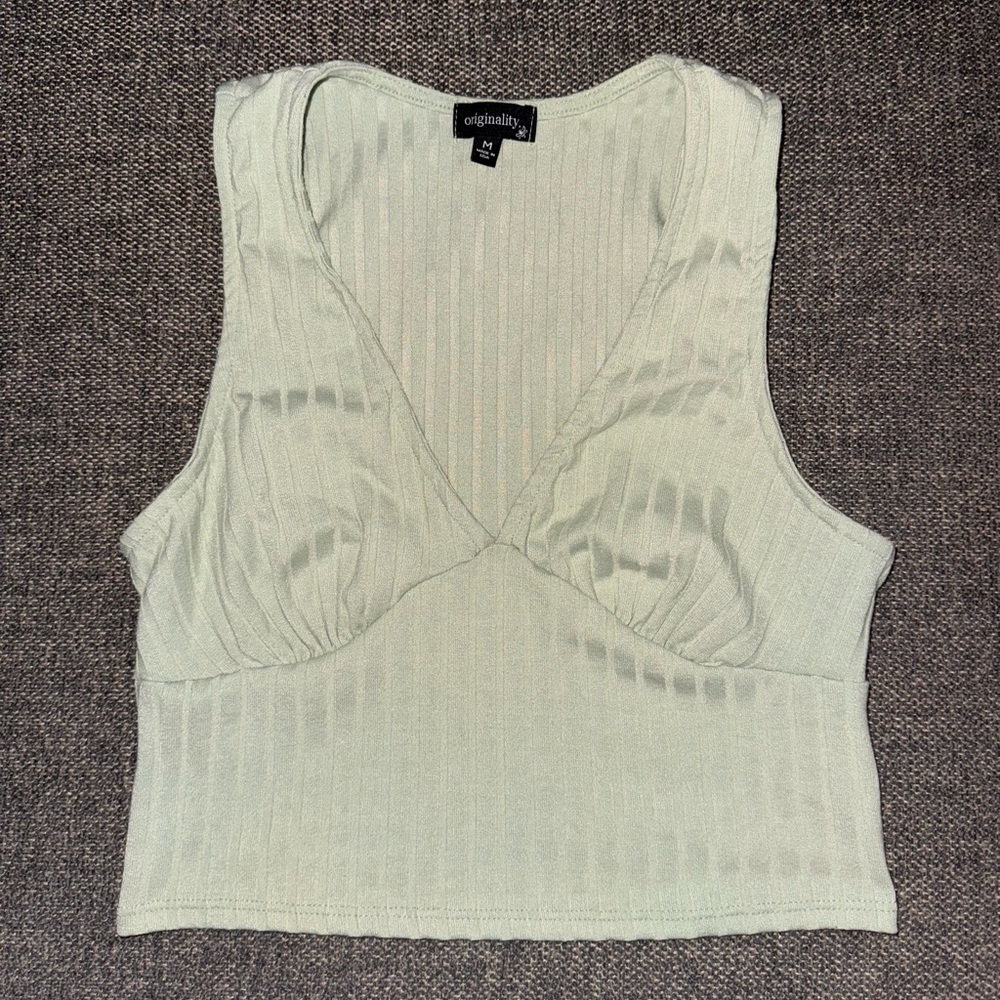 Green Ribbed Sleeveless Crop Tank